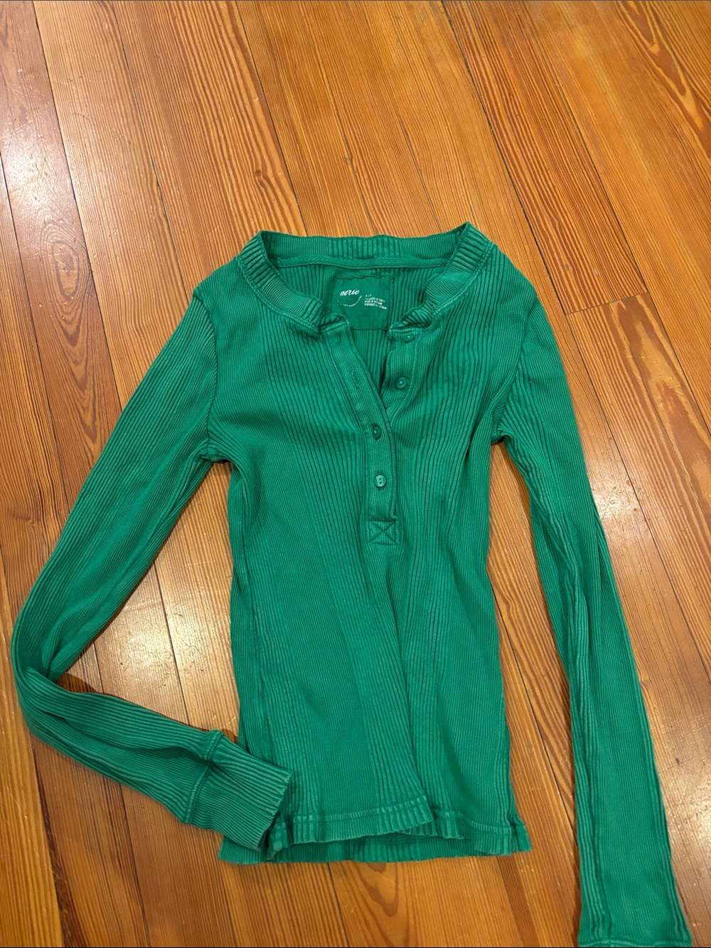 aerie Emerald Ribbed Henley Long Sleeve Top